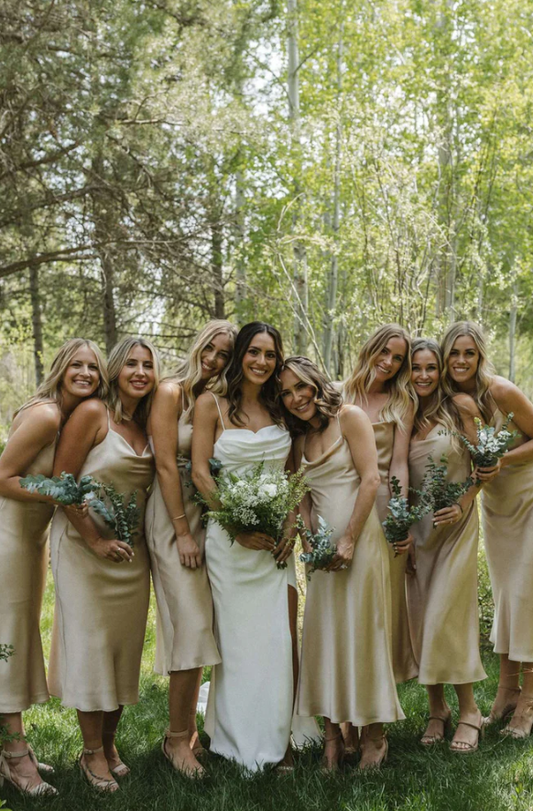 Simple Silk Satin Cowl Neck Spaghetti Strap Popular Tea Length Bridesmaid Dresses SH5587