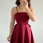 Simple Burgundy A Line Spaghetti Straps Bow Satin Short Prom Dress Homecoming Dress SH6011