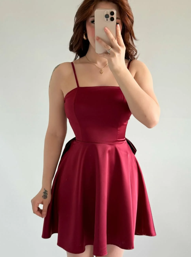 Simple Burgundy A Line Spaghetti Straps Bow Satin Short Prom Dress Homecoming Dress SH6011
