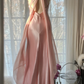 Classy A Line V Neck Beaded Pink Chiffon Satin Long Party Dress Evening Dress SH2937