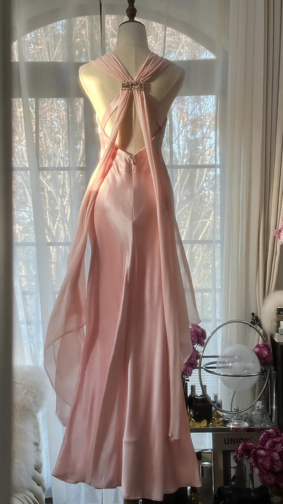 Classy A Line V Neck Beaded Pink Chiffon Satin Long Party Dress Evening Dress SH2937