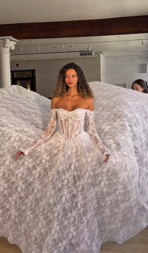 Stunning Ball Gown Long Sleeve Pearl White Lace Long Sweep Wedding Dress SH4776