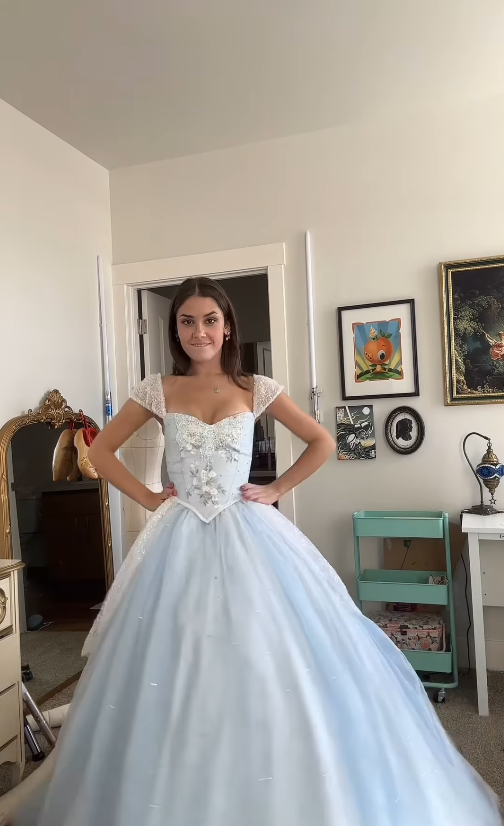 Baby Blue A Line Puff Beaded Embroidery Tulle Satin Prom Dress Evening Dress SH4879