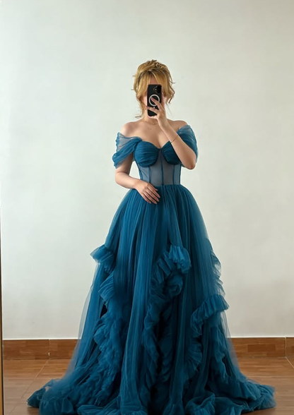 Princess Blue A Line Off the Shoulder Corset Tulle Long Train Prom Dress Evening Dress SH6882