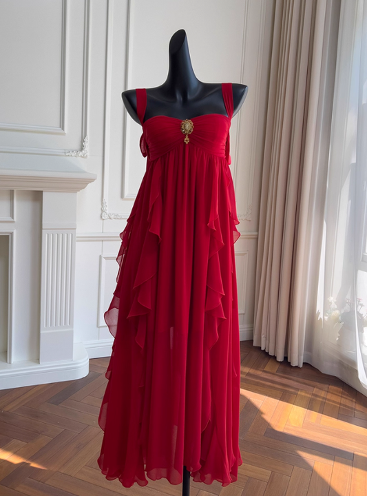 Burgundy Flowy A Line Spaghetti Strap Ruffle Chiffon Prom Dress Vacation Dress SH4502
