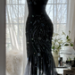 Gorgeous Mermaid Spaghetti Strap Beaded Black Chiffon Party Dress Evening Dress SH2961