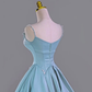 Blue A Line Spaghetti Strap Pearl Bow Satin Prom Dress Graduation Prom Dress SH2463