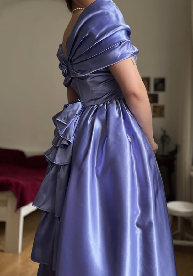 Vintage Purple A Line Off the Shoulder Satin Prom Dress Evening Dress Date Dress SH5637