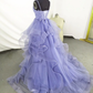 Lilac Tull Lace Applique Ball Gown Straps Long Prom Dress Elegant Evening Dress SH1144