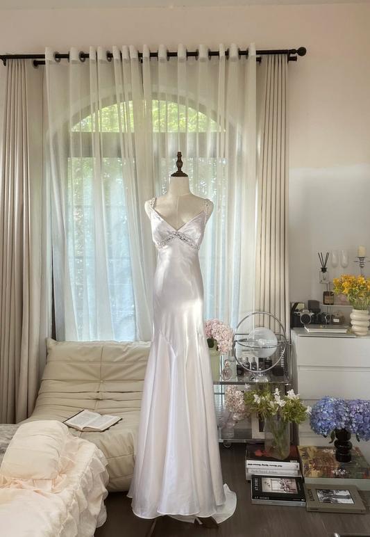 Classy Mermaid V Neck Beaded White Satin Long Open Back Party Dress Evening Dress SH2938