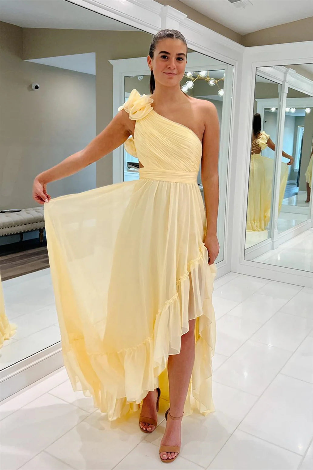 Light Yellow A Line One Shoulder Floral Chiffon Long Wedding Guest Dress Evening Dress SH2919