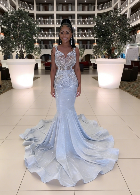 Shiny Sequins African Mermaid Prom Dresses Long Train Black Girls Pageant Graduation Dress P6796