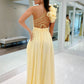 Light Yellow A Line One Shoulder Floral Chiffon Long Wedding Guest Dress Evening Dress SH2919