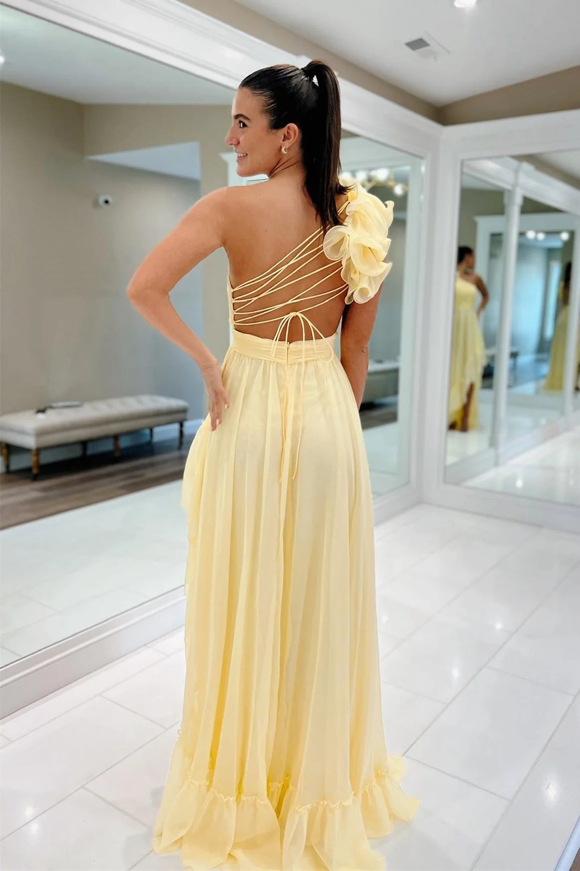 Light Yellow A Line One Shoulder Floral Chiffon Long Wedding Guest Dress Evening Dress SH2919 Light Yellow A Line One Shoulder Floral Chiffon Long Wedding Guest Dress Evening Dress SH2919
