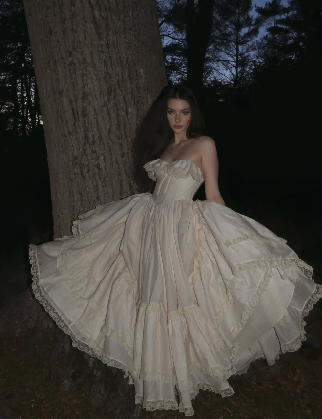 Princess Ball Gown Strapless Ivory Lace Satin Long Prom Dress Party Dress SH5317