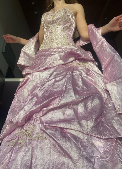Retro Unique Pink Ball Gown Lace Appliques Pleated Satin Prom Dress Evening Dress SH5920