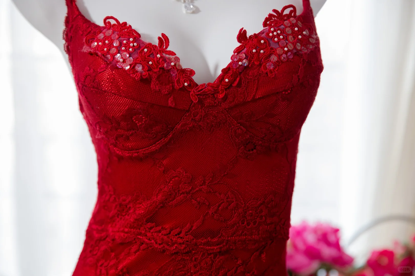 Sexy Sheath Spaghetti Strap Red Lace Chiffon Party Dress Evening Dress SH2956
