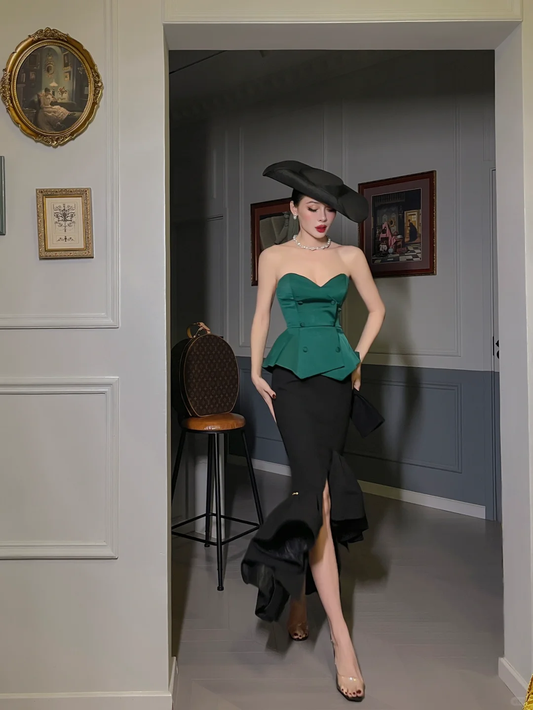 Vintage Mermaid Sweetheart Neck Green Black Satin Prom Dress Evening Dress SH4229