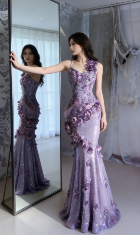 Gentle Purple Mermaid Halter Appliques Ruffle Sequin Long Prom Dress SH5427