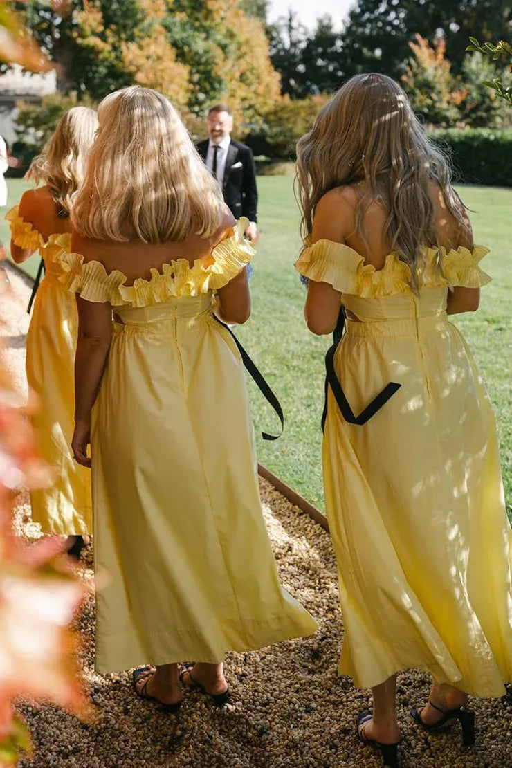 Yellow Off the Shoulder Ruffle Cotton Ankle Length Bridesmaid Dresses SH6294