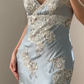 Vintage Sheath Spaghetti Strap Lace Baby Blue Satin Party Dress Evening Dress with Slit SH3346