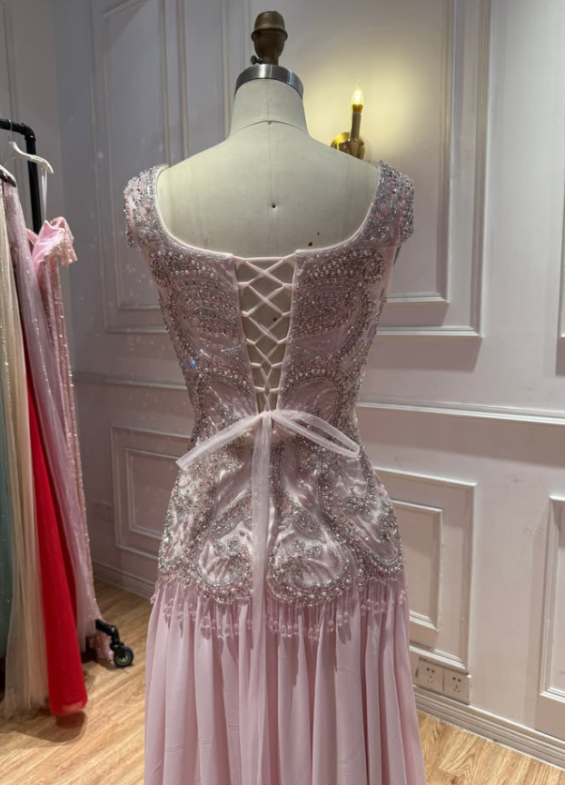 Luxurious Light Pink A Line V Neck Beaded Chiffon Long Prom Dress Evening Dress SH8950