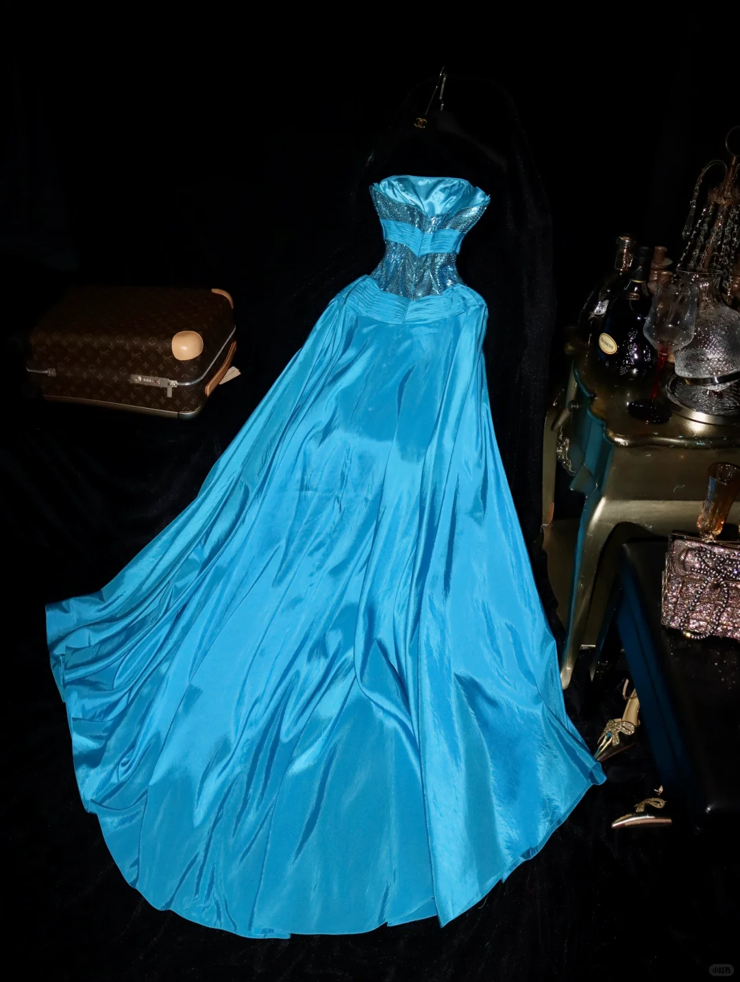 Charming A Line Strapless Blue Sequin Satin Long Prom Dress Evening Dress SH3144