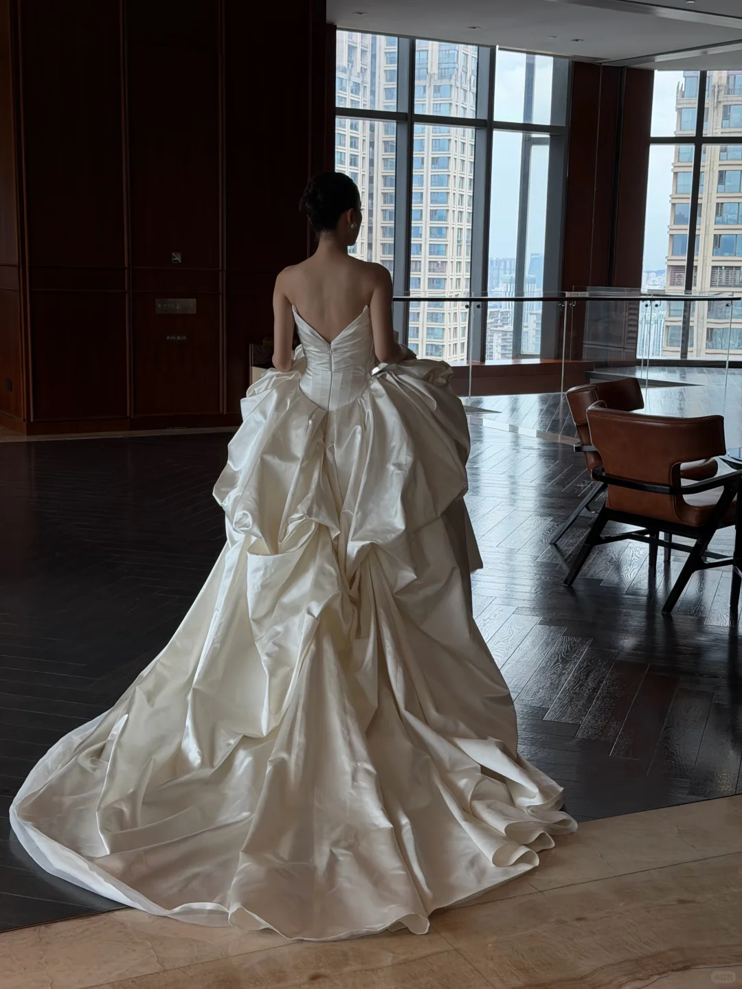 Princess Ball Gown Strapless Ivory Pleated Satin Long Train Wedding Dress SH7722