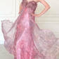 Pink Print Floral A Line Straps Chiffon Long Prom Dress Evening Dress SH5841