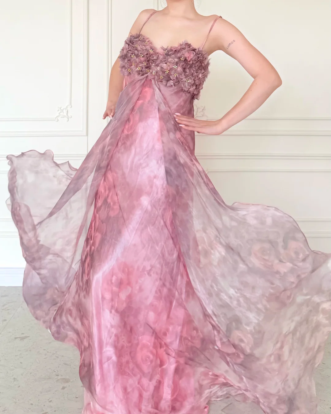 Pink Print Floral A Line Straps Chiffon Long Prom Dress Evening Dress SH5841