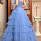 Vintage Blue A Line Strapless Layered Tulle Long Prom Dress Evening Dress SH5655