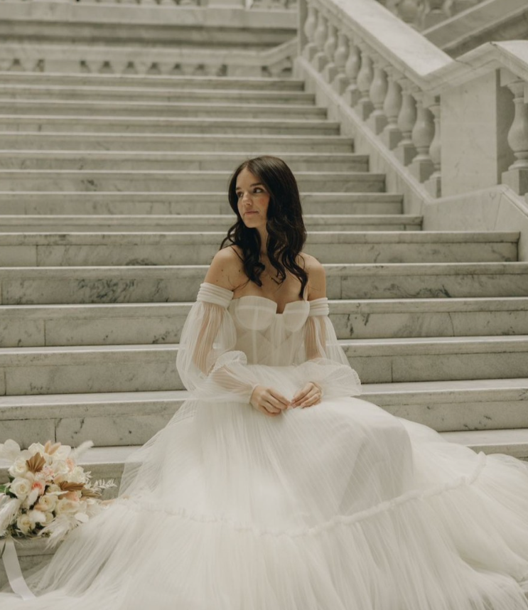 Ethereal A Line Long Sleeve Tulle Long Train Wedding Dress SH7127