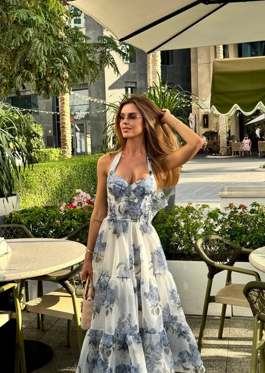 Blue Print Floral A Line Halter Chiffon Backless Long Prom Dress Evening Dress SH6601