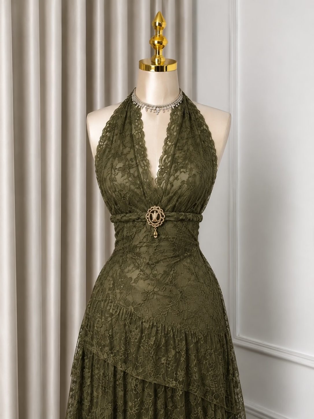 Olive Green A Line Halter Lace Backless Long Prom Dress Evening Dress SH8546