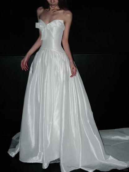Cute A Line Sweetheart Neck Bow White Satin Long Wedding Dress SH4932