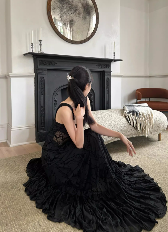 Sexy Black Sheath Straps Lace Chiffon Long Prom Dress Evening Dress SH4391