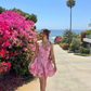 Pink Print Floral A Line Halter Satin Short Prom Dress Homecoming Dress SH6390