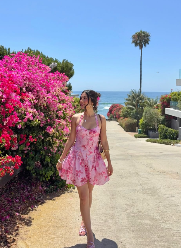 Pink Print Floral A Line Halter Satin Short Prom Dress Homecoming Dress SH6390