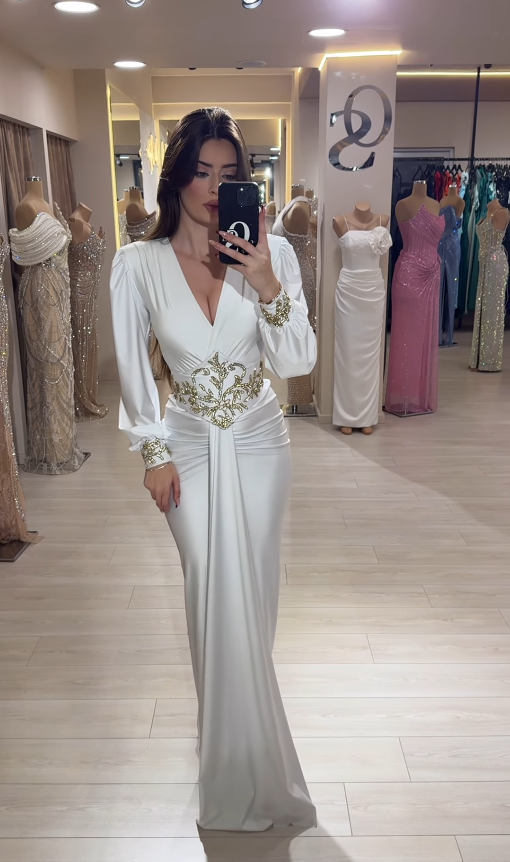Elegant Sheath Long Sleeve Golden Beaded Satin Long Prom Dress Party Dress SH4813