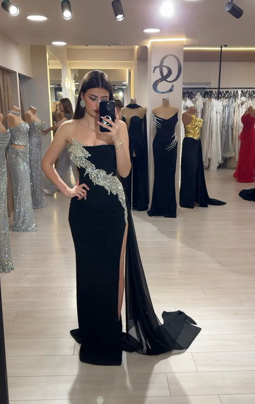 Sexy Black Sheath Strapless Beaded Chiffon Long Prom Dress Party Dress with Slit SH4814