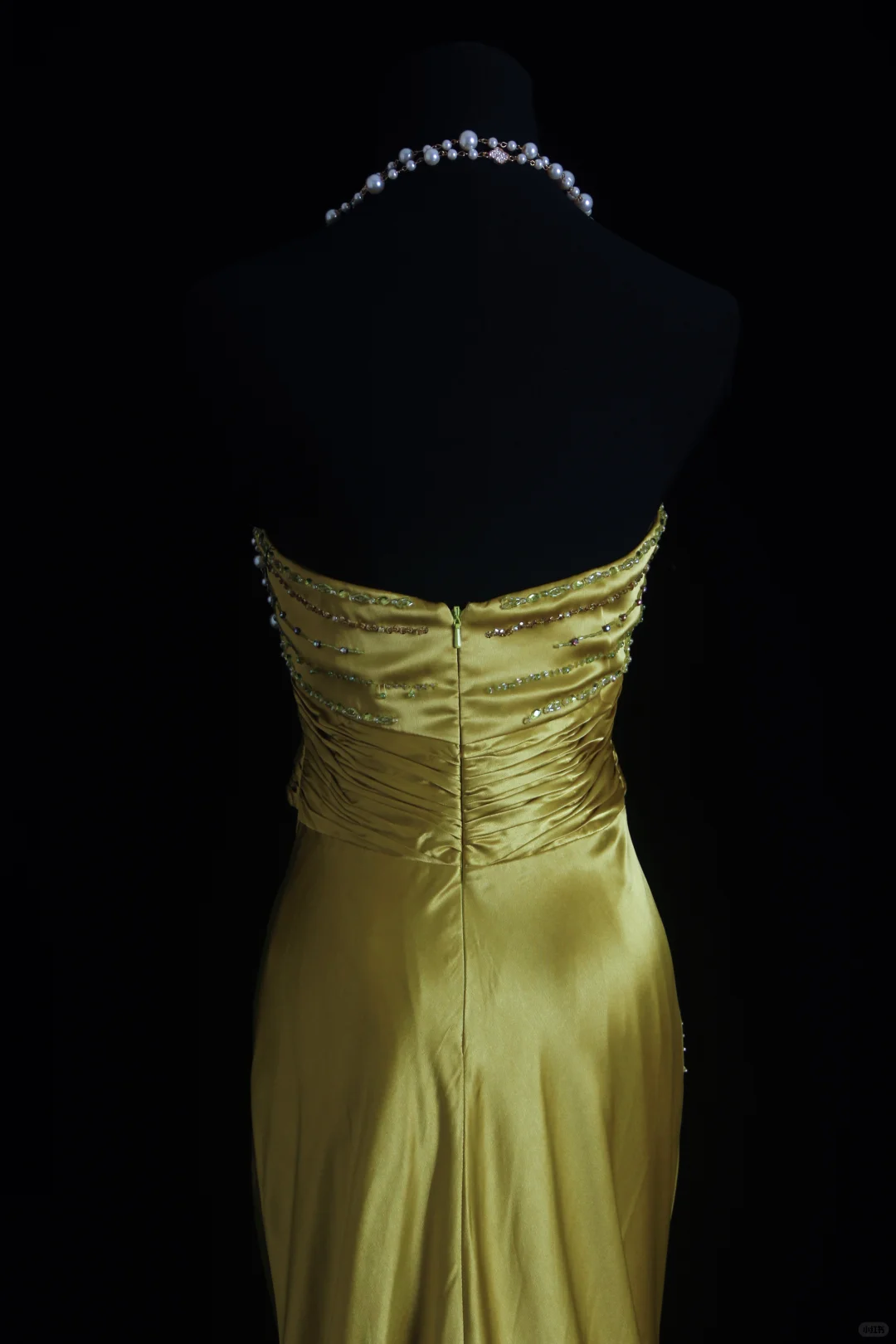 Vintage Mermaid Strapless Beaded Olive Green Satin Prom Dress Wedding Guest Dress SH5334