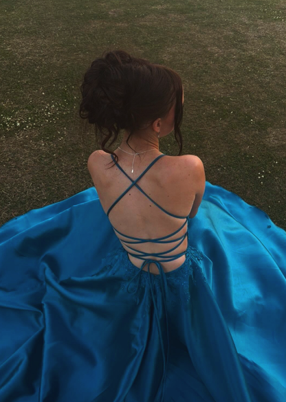 Peacock Blue A Line Spaghetti Strap Lace Appliques Satin Prom Dress Birthday Dress SH9022