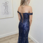 Elegant Navy Blue Mermaid Off the Shoulder Sequin Tulle Prom Dress Evening Dress SH6638