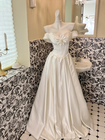 White Classy Ball Gown Off the Shoulder Pearl Satin Long Prom Dress Wedding Dress SH3857