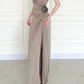 Simple Brown Vintage Sheath Straps Satin Long Prom Dress Wedding Guest Dress SH5506