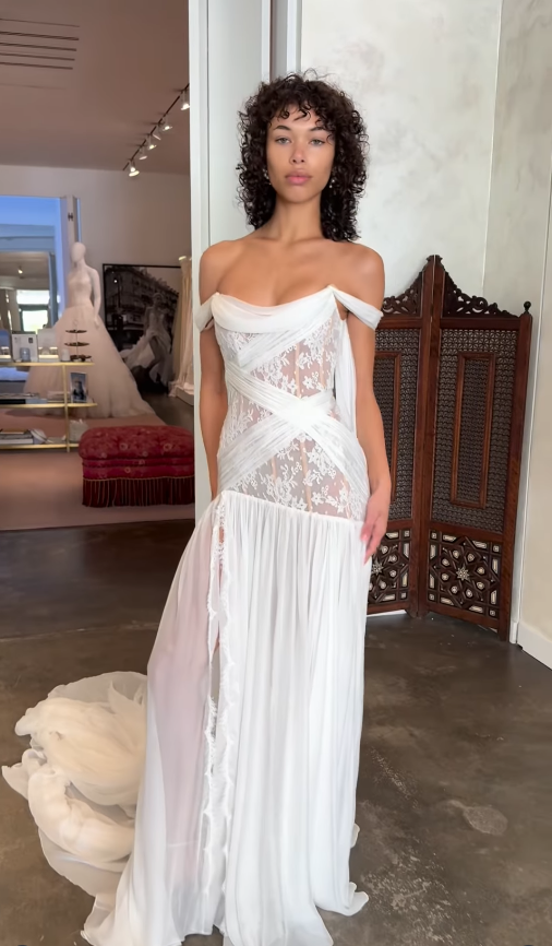 A Line Off the Shoulder White Chiffon Lace Long Wedding Dress with Slit SH4697