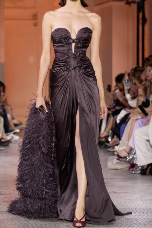 Romantic Sheath Sweetheart Neck Beaded Satin Long Prom Dress with Slit SH4974