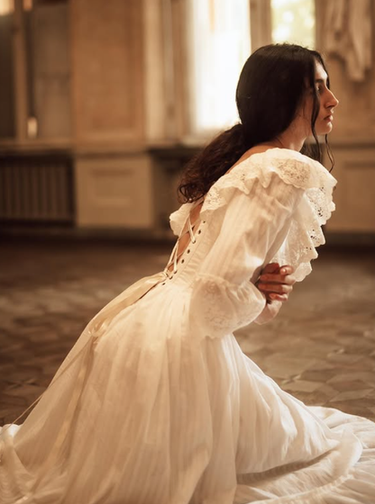 Vintage A Line Long Sleeve White Lace Satin Prom Dress Evening Dress SH6691