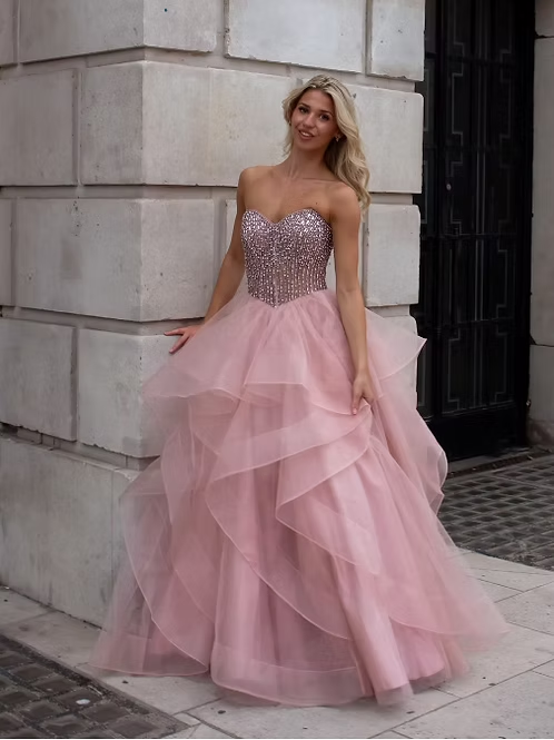 Pink A Line Strapless Shiny Beaded Ruffle Tulle Long Prom Dress Evening Dress SH8822