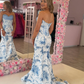 Blue Print Floral Mermaid Strapless Satin Long Prom Dress Evening Dress SH6663